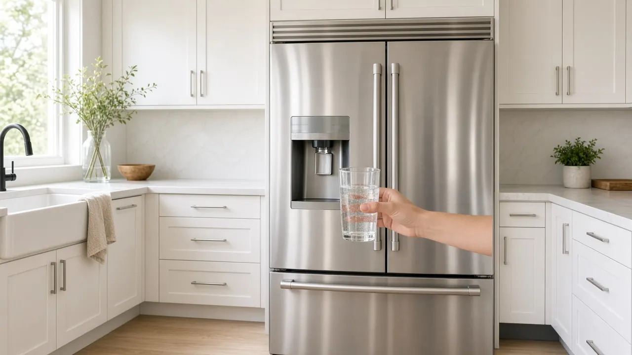 Refrigerator water dispenser in a bright kitchen